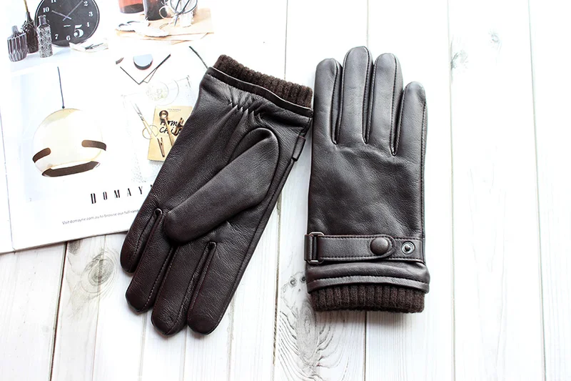 Touch Screen Leather Sheepskin Gloves Men's Winter Thickening Warmth Motorcycle Driving Fashion 2026 New Brown Finger Gloves