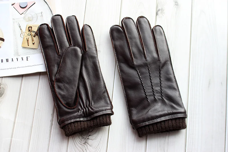 Touch Screen Leather Sheepskin Gloves Men's Winter Thickening Warmth Motorcycle Driving Fashion 2026 New Brown Finger Gloves