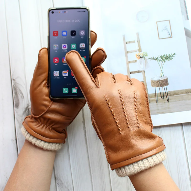 Touch Screen Leather Sheepskin Gloves Men's Winter Thickening Warmth Motorcycle Driving Fashion 2026 New Brown Finger Gloves
