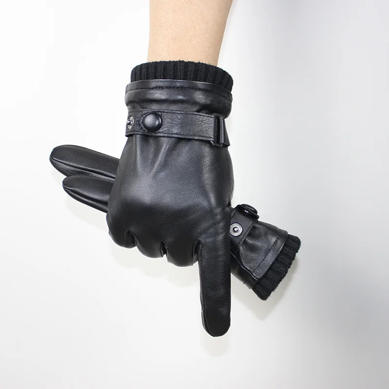 Touch Screen Leather Sheepskin Gloves Men's Winter Thickening Warmth Motorcycle Driving Fashion 2026 New Brown Finger Gloves