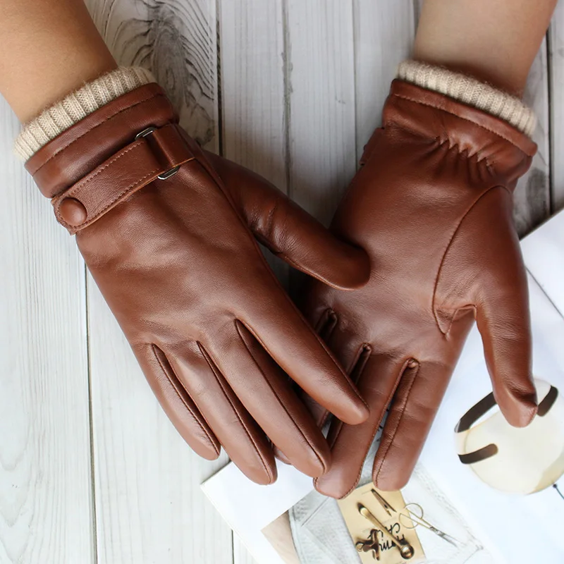 Touch Screen Leather Sheepskin Gloves Men's Winter Thickening Warmth Motorcycle Driving Fashion 2026 New Brown Finger Gloves