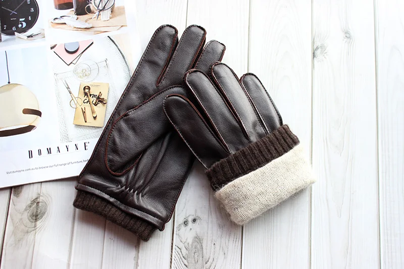 Touch Screen Leather Sheepskin Gloves Men's Winter Thickening Warmth Motorcycle Driving Fashion 2026 New Brown Finger Gloves
