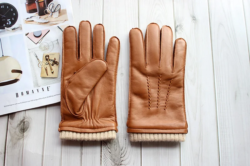 Touch Screen Leather Sheepskin Gloves Men's Winter Thickening Warmth Motorcycle Driving Fashion 2026 New Brown Finger Gloves