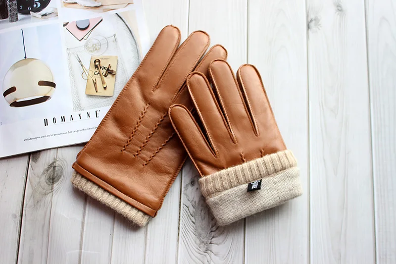Touch Screen Leather Sheepskin Gloves Men's Winter Thickening Warmth Motorcycle Driving Fashion 2026 New Brown Finger Gloves