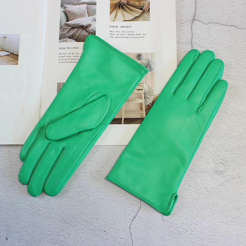 Color Sheepskin Leather Gloves Women's Straight Style Wool Lining Fall/Winter Warm Motorcycle Riding Car Driving Finger Gloves