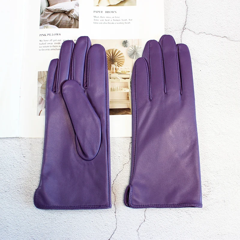 Color Sheepskin Leather Gloves Women's Straight Style Wool Lining Fall/Winter Warm Motorcycle Riding Car Driving Finger Gloves