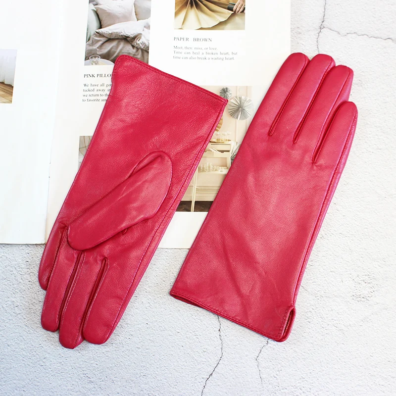 Color Sheepskin Leather Gloves Women's Straight Style Wool Lining Fall/Winter Warm Motorcycle Riding Car Driving Finger Gloves
