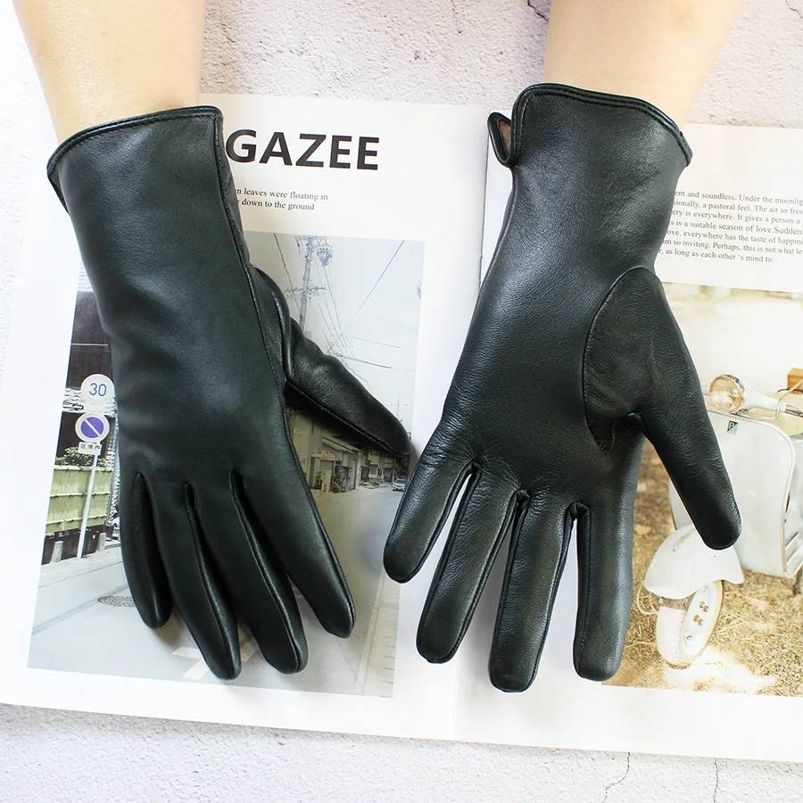 Color Sheepskin Leather Gloves Women's Straight Style Wool Lining Fall/Winter Warm Motorcycle Riding Car Driving Finger Gloves