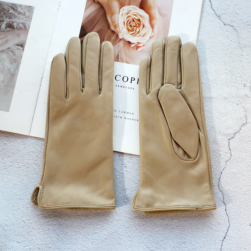 Color Sheepskin Leather Gloves Women's Straight Style Wool Lining Fall/Winter Warm Motorcycle Riding Car Driving Finger Gloves