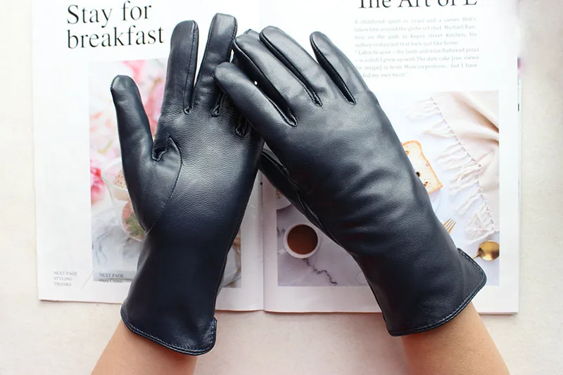 Color Sheepskin Leather Gloves Women's Straight Style Wool Lining Fall/Winter Warm Motorcycle Riding Car Driving Finger Gloves