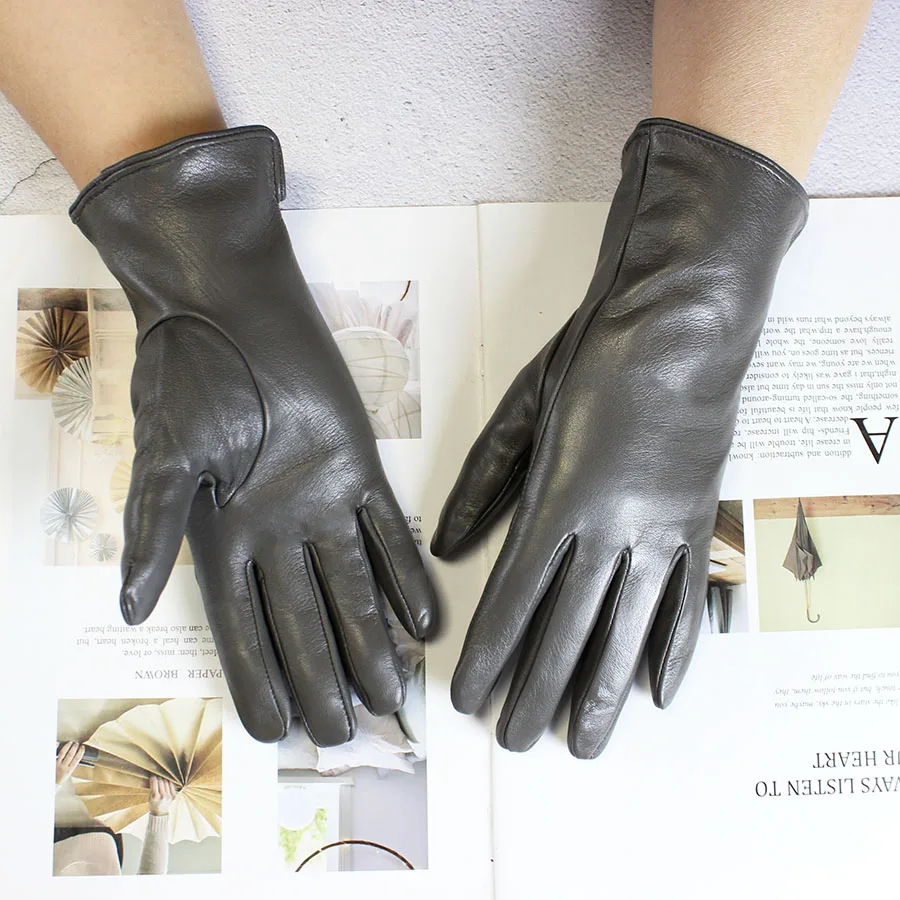 Color Sheepskin Leather Gloves Women's Straight Style Wool Lining Fall/Winter Warm Motorcycle Riding Car Driving Finger Gloves