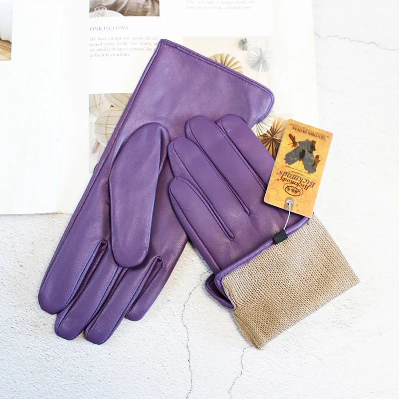 Color Sheepskin Leather Gloves Women's Straight Style Wool Lining Fall/Winter Warm Motorcycle Riding Car Driving Finger Gloves