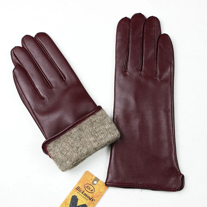 Color Sheepskin Leather Gloves Women's Straight Style Wool Lining Fall/Winter Warm Motorcycle Riding Car Driving Finger Gloves