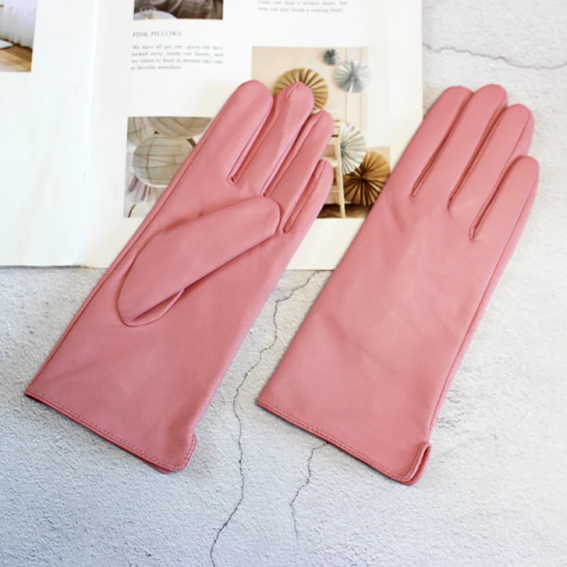Color Sheepskin Leather Gloves Women's Straight Style Wool Lining Fall/Winter Warm Motorcycle Riding Car Driving Finger Gloves