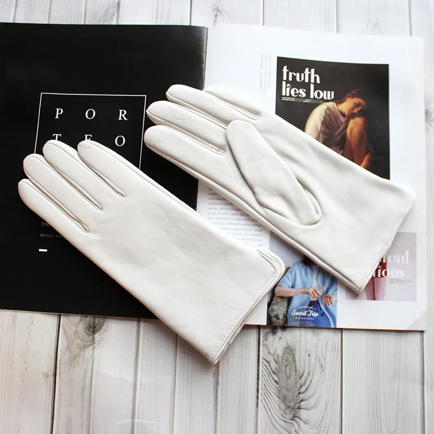 Color Sheepskin Leather Gloves Women's Straight Style Wool Lining Fall/Winter Warm Motorcycle Riding Car Driving Finger Gloves