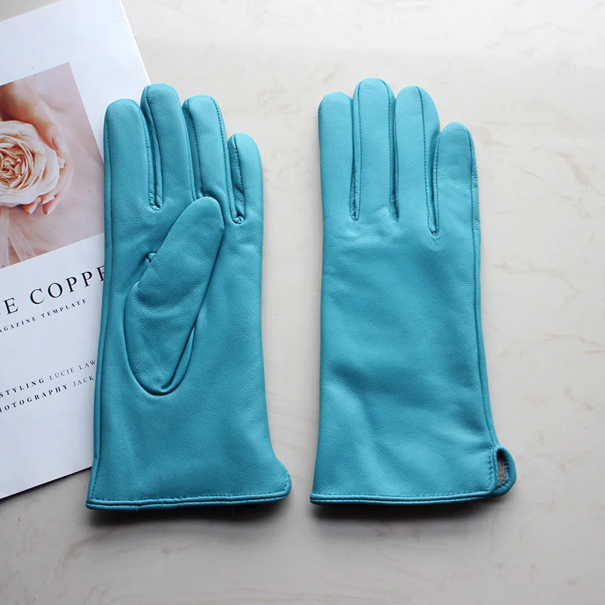 Color Sheepskin Leather Gloves Women's Straight Style Wool Lining Fall/Winter Warm Motorcycle Riding Car Driving Finger Gloves