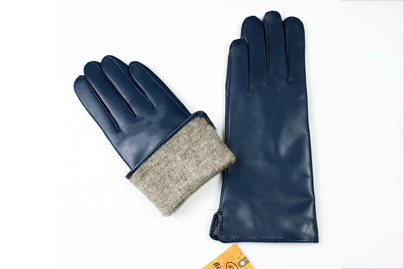 Color Sheepskin Leather Gloves Women's Straight Style Wool Lining Fall/Winter Warm Motorcycle Riding Car Driving Finger Gloves
