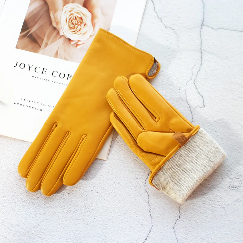 Color Sheepskin Leather Gloves Women's Straight Style Wool Lining Fall/Winter Warm Motorcycle Riding Car Driving Finger Gloves
