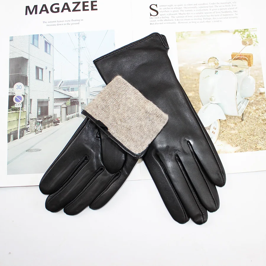 Color Sheepskin Leather Gloves Women's Straight Style Wool Lining Fall/Winter Warm Motorcycle Riding Car Driving Finger Gloves