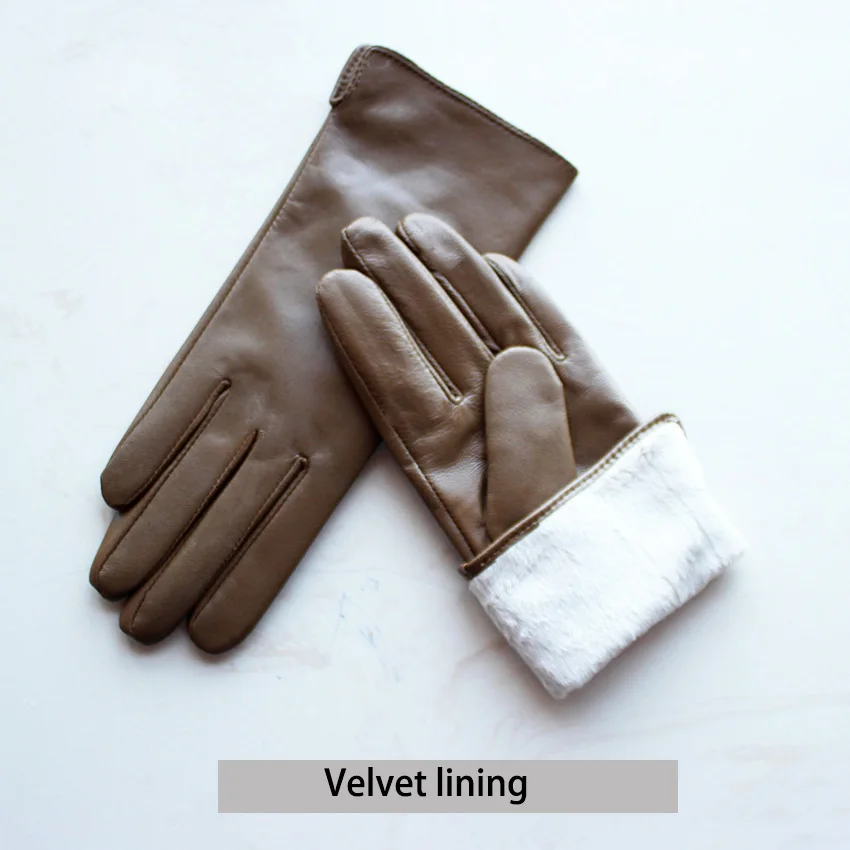 Color Sheepskin Leather Gloves Women's Straight Style Wool Lining Fall/Winter Warm Motorcycle Riding Car Driving Finger Gloves