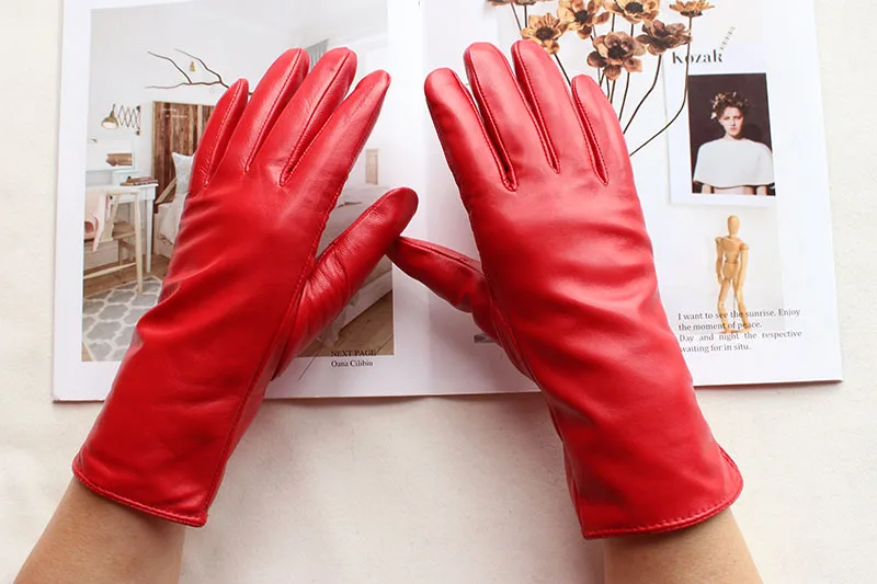 Color Sheepskin Leather Gloves Women's Straight Style Wool Lining Fall/Winter Warm Motorcycle Riding Car Driving Finger Gloves