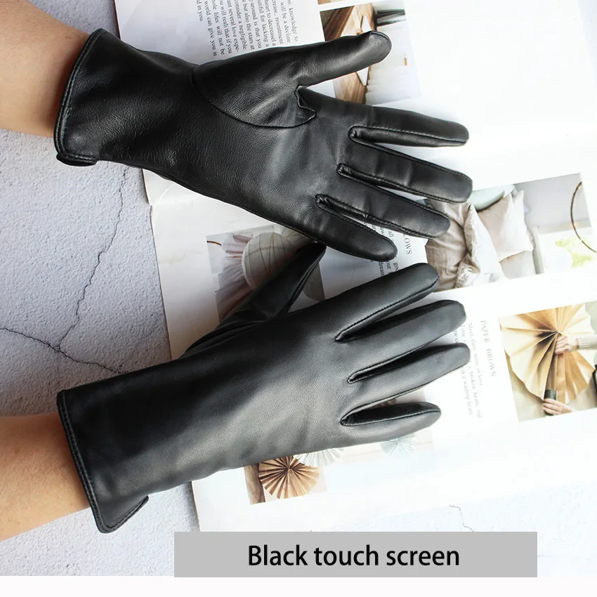 Color Sheepskin Leather Gloves Women's Straight Style Wool Lining Fall/Winter Warm Motorcycle Riding Car Driving Finger Gloves