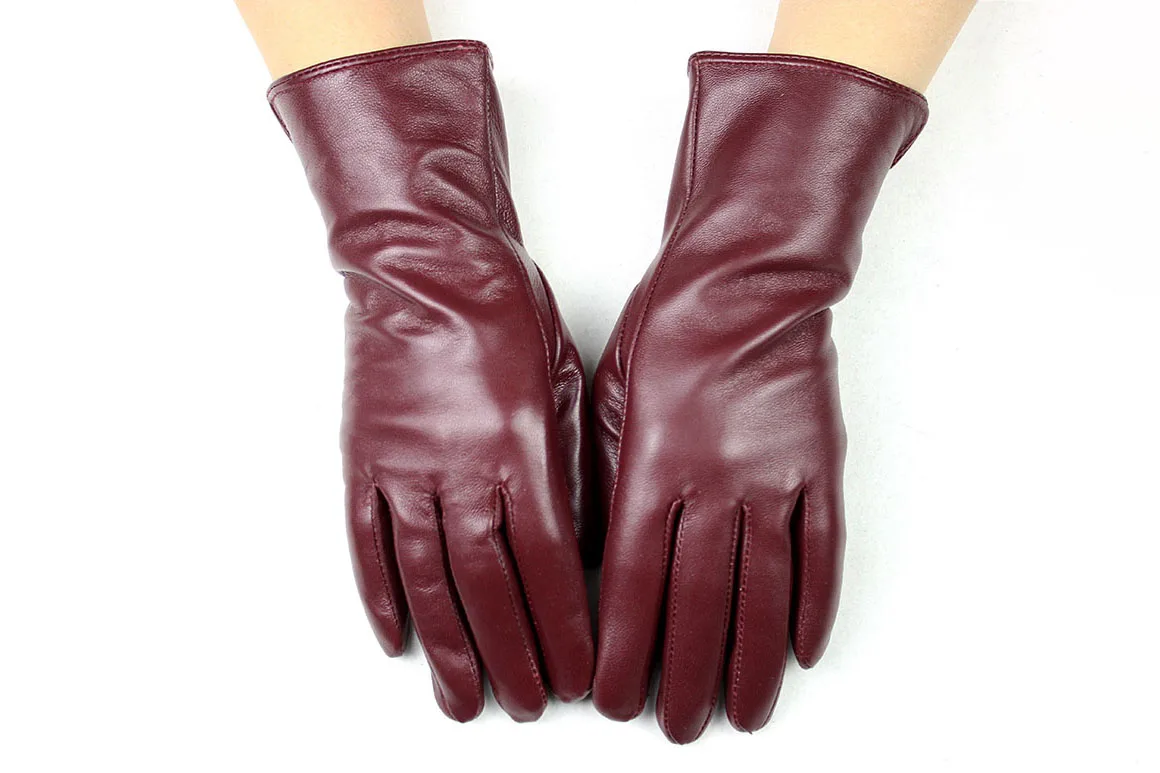 Color Sheepskin Leather Gloves Women's Straight Style Wool Lining Fall/Winter Warm Motorcycle Riding Car Driving Finger Gloves