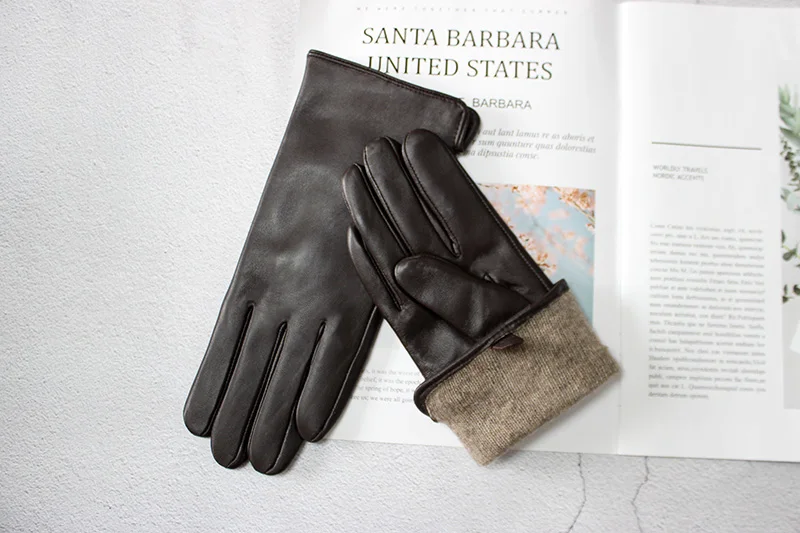 Color Sheepskin Leather Gloves Women's Straight Style Wool Lining Fall/Winter Warm Motorcycle Riding Car Driving Finger Gloves