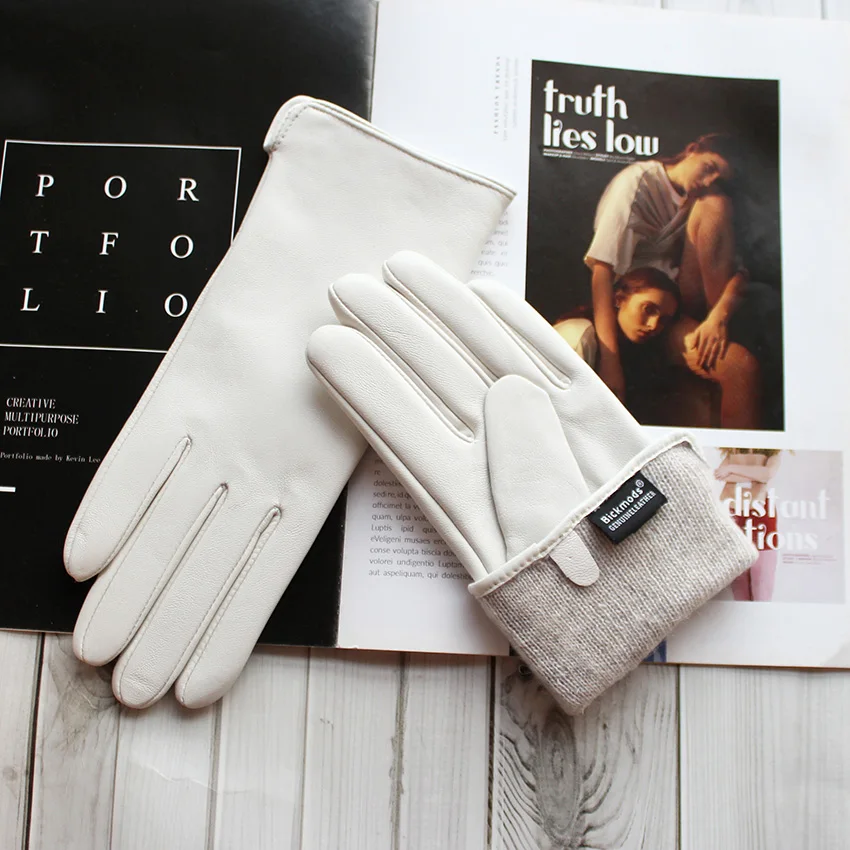 Color Sheepskin Leather Gloves Women's Straight Style Wool Lining Fall/Winter Warm Motorcycle Riding Car Driving Finger Gloves