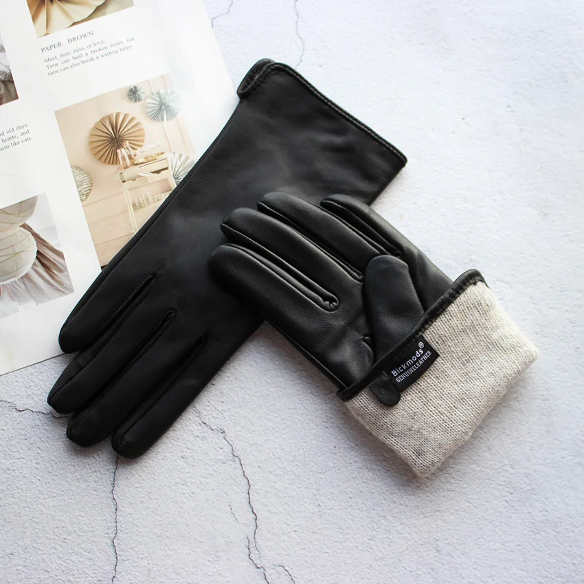Color Sheepskin Leather Gloves Women's Straight Style Wool Lining Fall/Winter Warm Motorcycle Riding Car Driving Finger Gloves