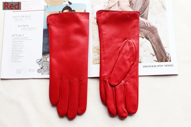 Color Sheepskin Leather Gloves Women's Straight Style Wool Lining Fall/Winter Warm Motorcycle Riding Car Driving Finger Gloves