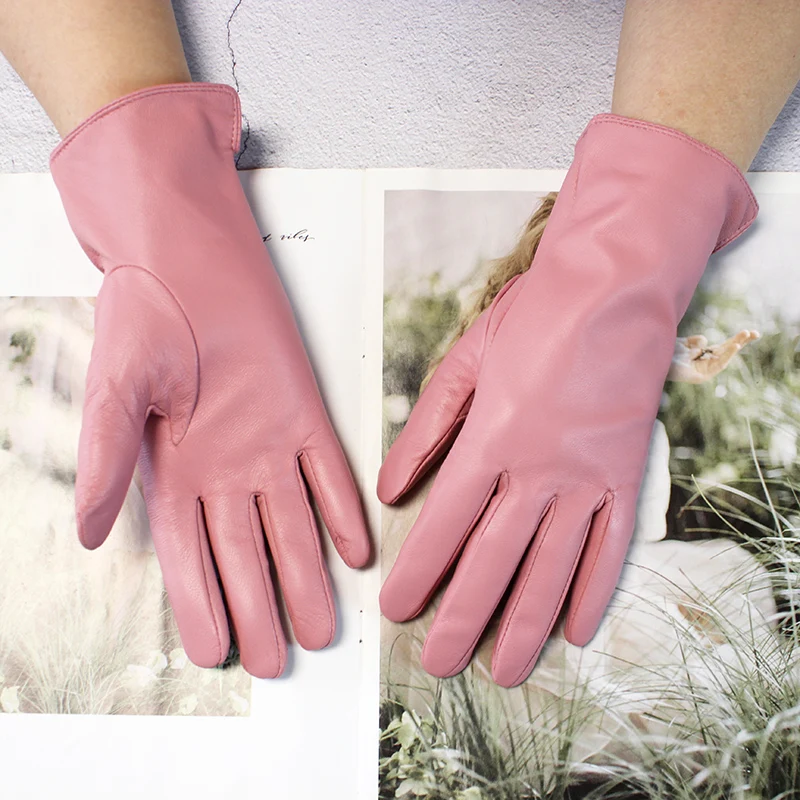 Color Sheepskin Leather Gloves Women's Straight Style Wool Lining Fall/Winter Warm Motorcycle Riding Car Driving Finger Gloves