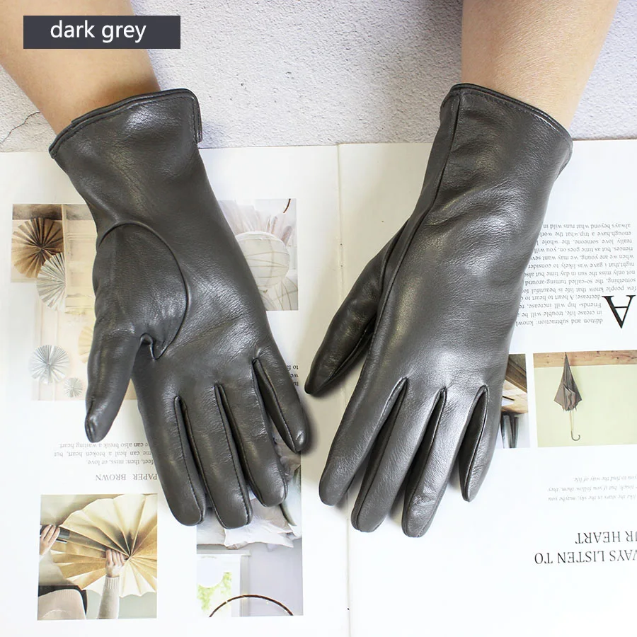 Color Sheepskin Leather Gloves Women's Straight Style Wool Lining Fall/Winter Warm Motorcycle Riding Car Driving Finger Gloves