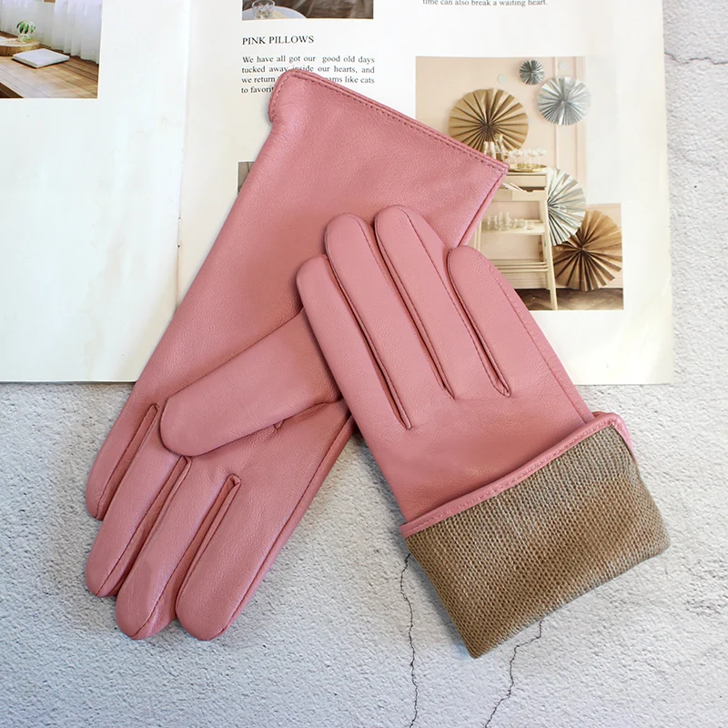 Color Sheepskin Leather Gloves Women's Straight Style Wool Lining Fall/Winter Warm Motorcycle Riding Car Driving Finger Gloves