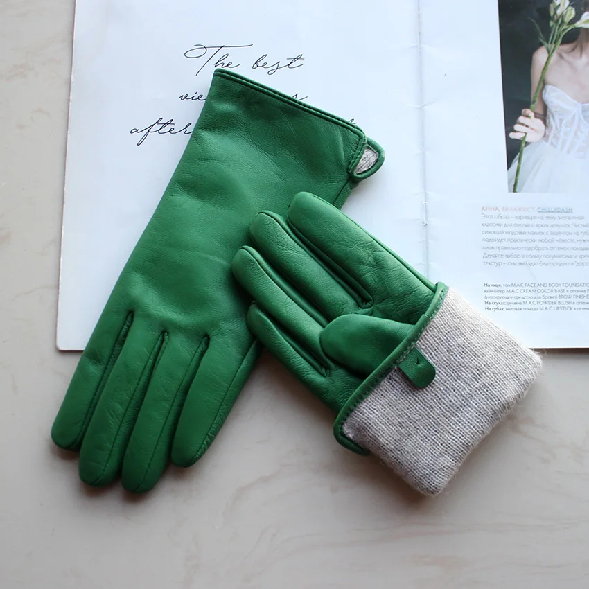 Color Sheepskin Leather Gloves Women's Straight Style Wool Lining Fall/Winter Warm Motorcycle Riding Car Driving Finger Gloves
