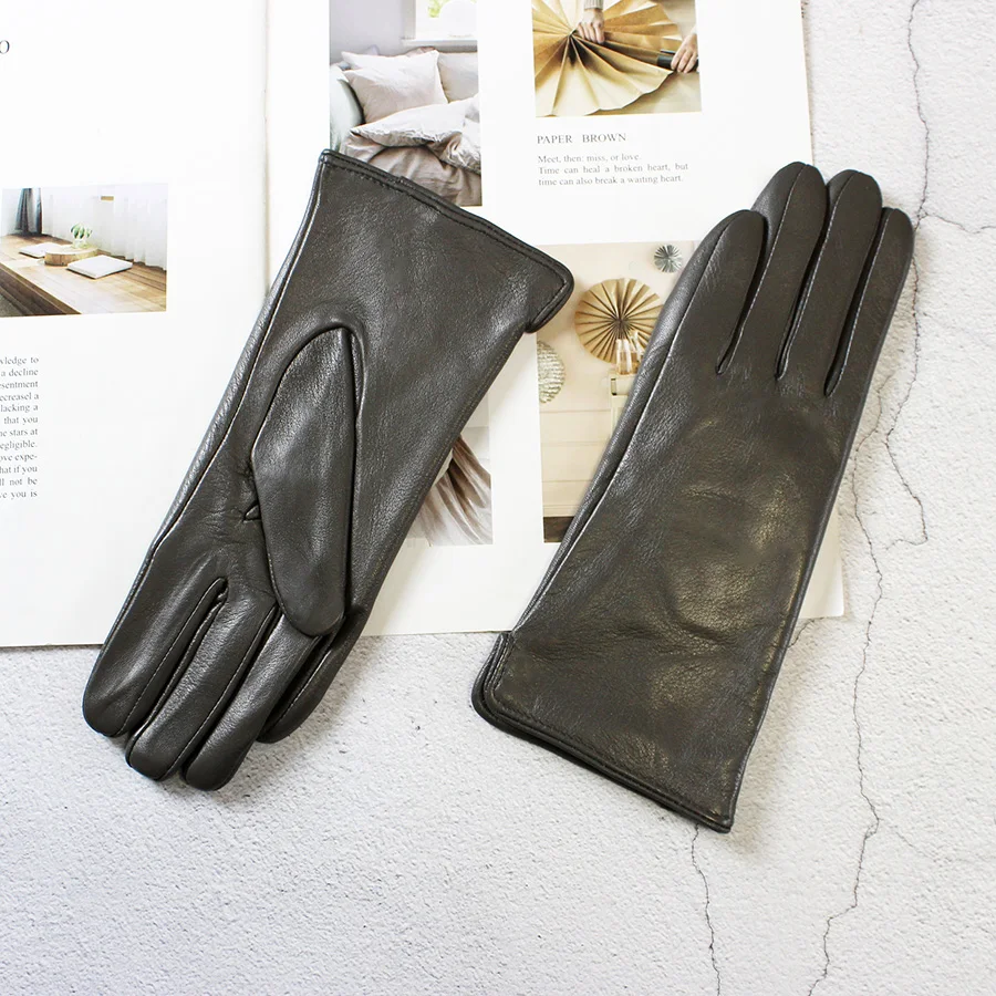 Color Sheepskin Leather Gloves Women's Straight Style Wool Lining Fall/Winter Warm Motorcycle Riding Car Driving Finger Gloves