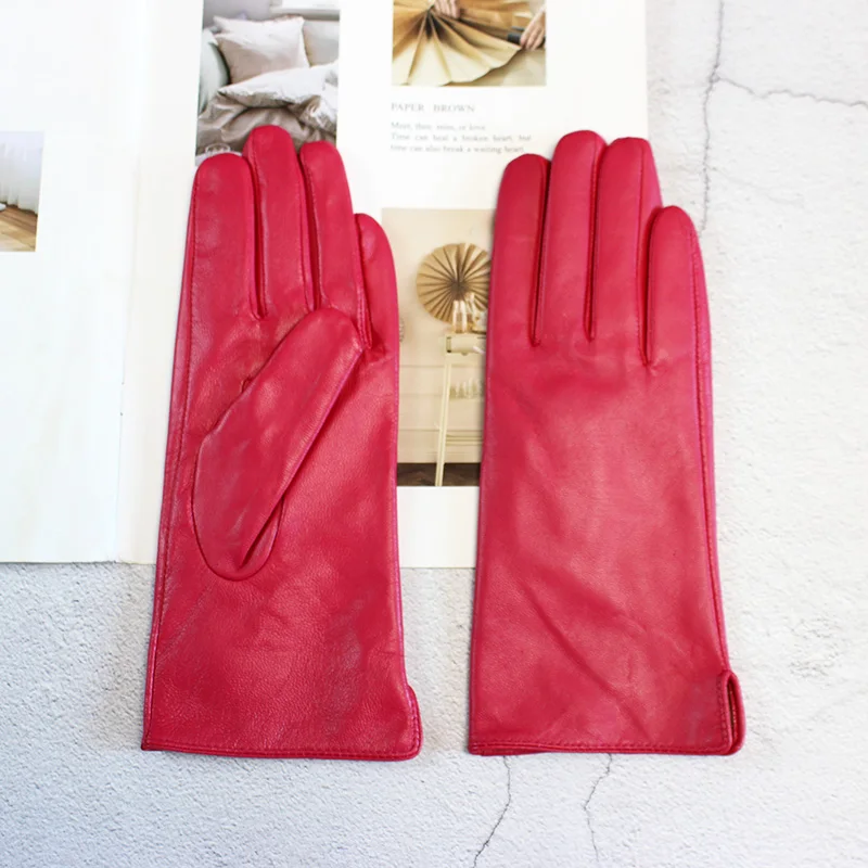 Color Sheepskin Leather Gloves Women's Straight Style Wool Lining Fall/Winter Warm Motorcycle Riding Car Driving Finger Gloves