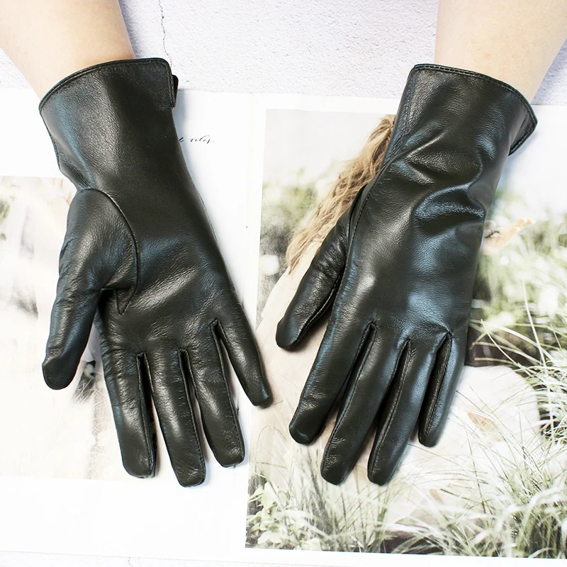 Color Sheepskin Leather Gloves Women's Straight Style Wool Lining Fall/Winter Warm Motorcycle Riding Car Driving Finger Gloves