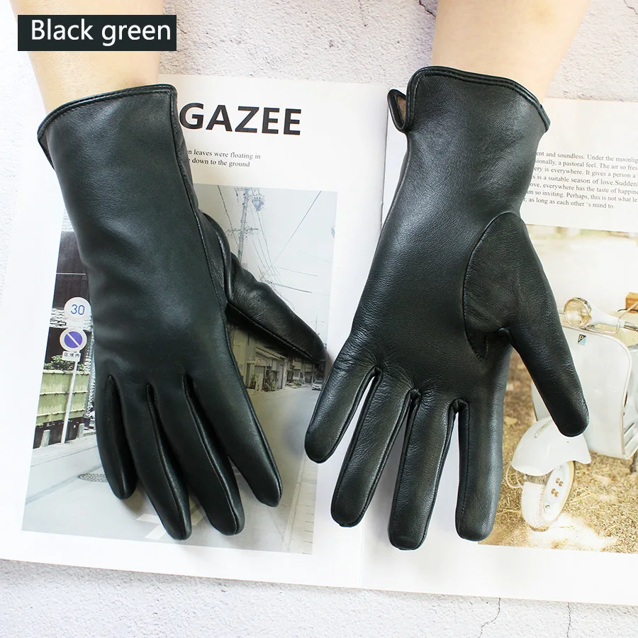 Color Sheepskin Leather Gloves Women's Straight Style Wool Lining Fall/Winter Warm Motorcycle Riding Car Driving Finger Gloves