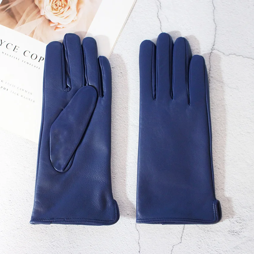 Color Sheepskin Leather Gloves Women's Straight Style Wool Lining Fall/Winter Warm Motorcycle Riding Car Driving Finger Gloves