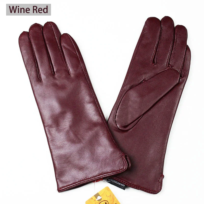 Color Sheepskin Leather Gloves Women's Straight Style Wool Lining Fall/Winter Warm Motorcycle Riding Car Driving Finger Gloves