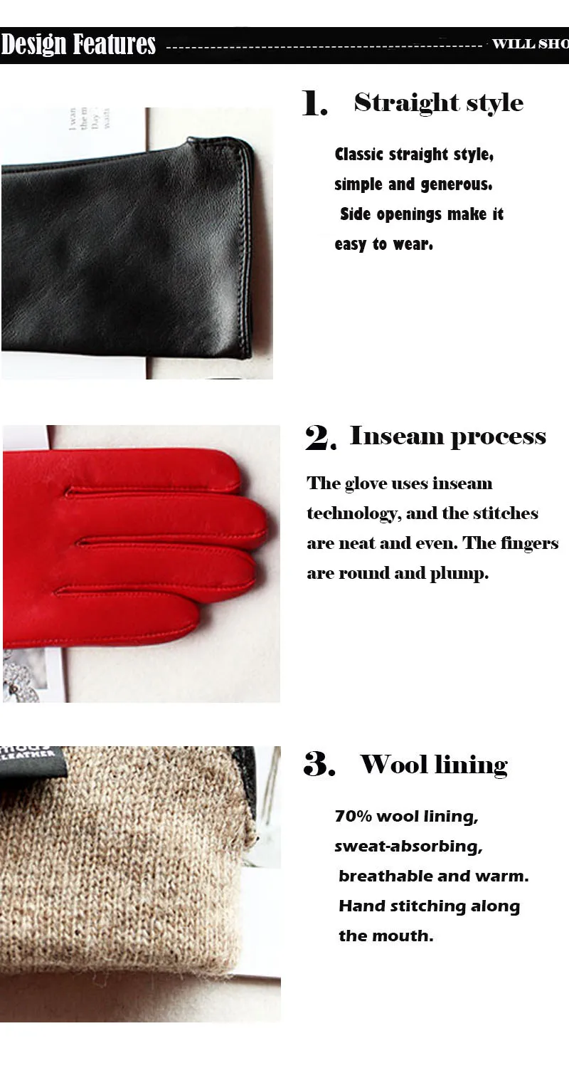 Color Sheepskin Leather Gloves Women's Straight Style Wool Lining Fall/Winter Warm Motorcycle Riding Car Driving Finger Gloves