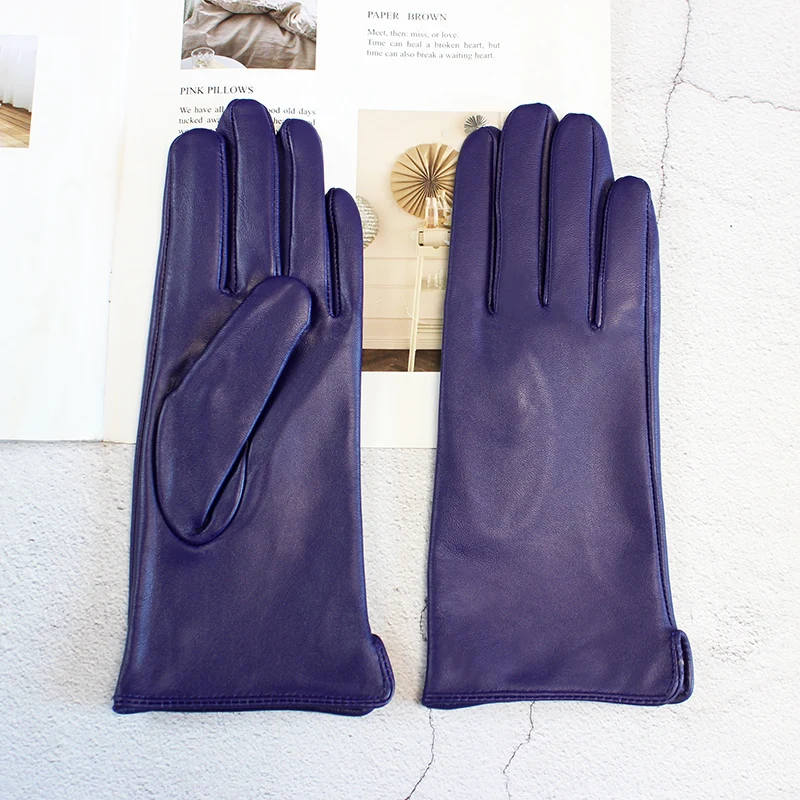 Color Sheepskin Leather Gloves Women's Straight Style Wool Lining Fall/Winter Warm Motorcycle Riding Car Driving Finger Gloves