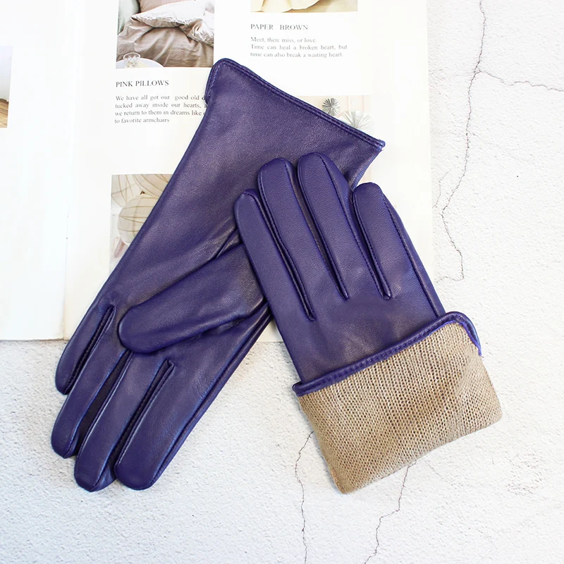 Color Sheepskin Leather Gloves Women's Straight Style Wool Lining Fall/Winter Warm Motorcycle Riding Car Driving Finger Gloves