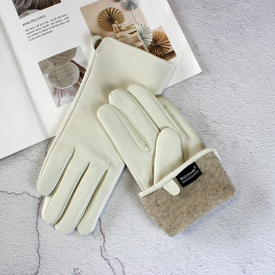 Color Sheepskin Leather Gloves Women's Straight Style Wool Lining Fall/Winter Warm Motorcycle Riding Car Driving Finger Gloves