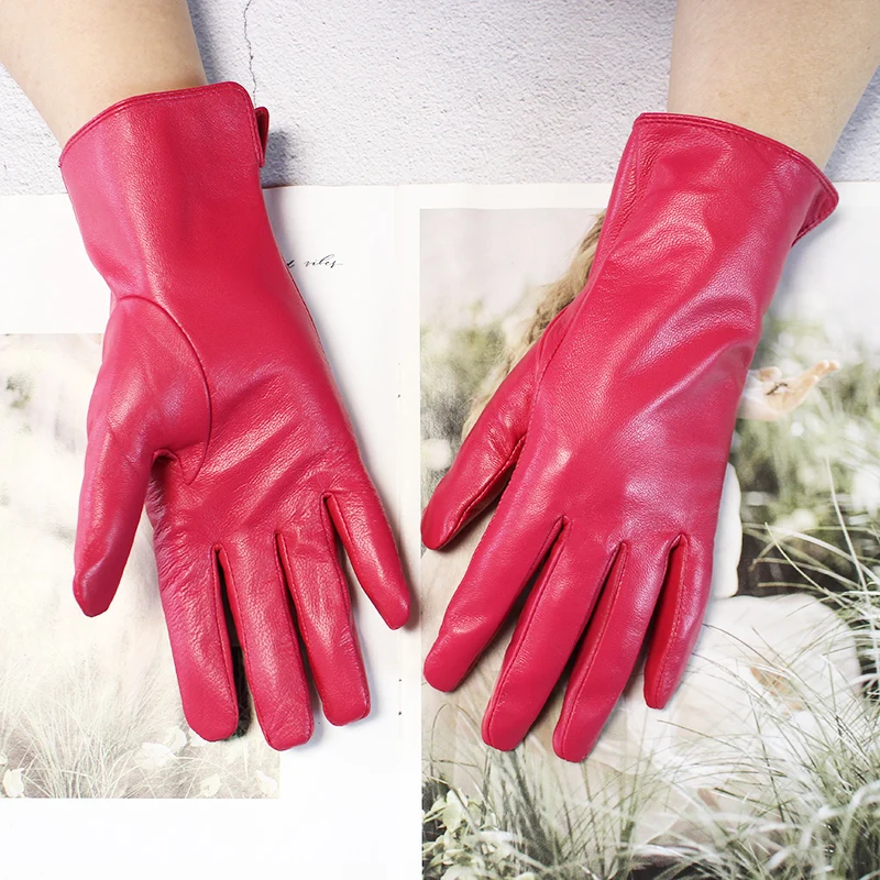 Color Sheepskin Leather Gloves Women's Straight Style Wool Lining Fall/Winter Warm Motorcycle Riding Car Driving Finger Gloves