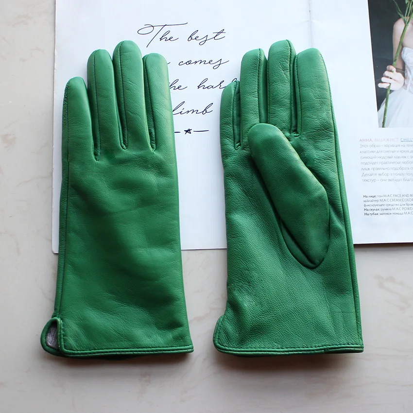 Color Sheepskin Leather Gloves Women's Straight Style Wool Lining Fall/Winter Warm Motorcycle Riding Car Driving Finger Gloves