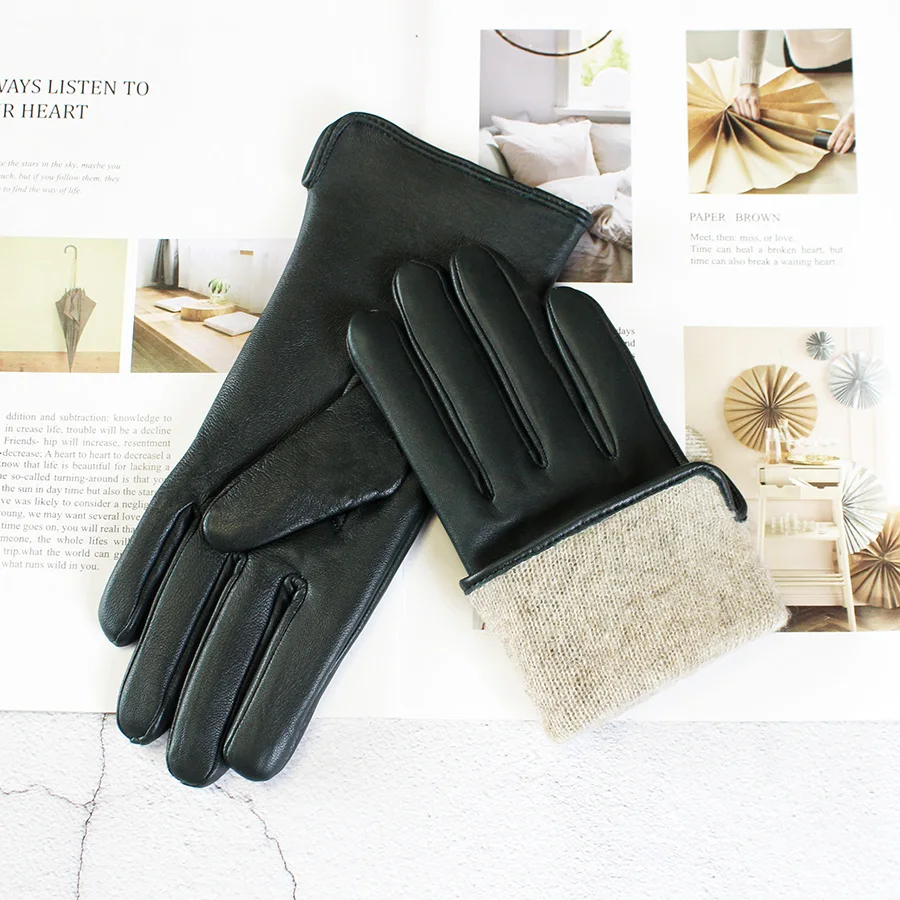 Color Sheepskin Leather Gloves Women's Straight Style Wool Lining Fall/Winter Warm Motorcycle Riding Car Driving Finger Gloves