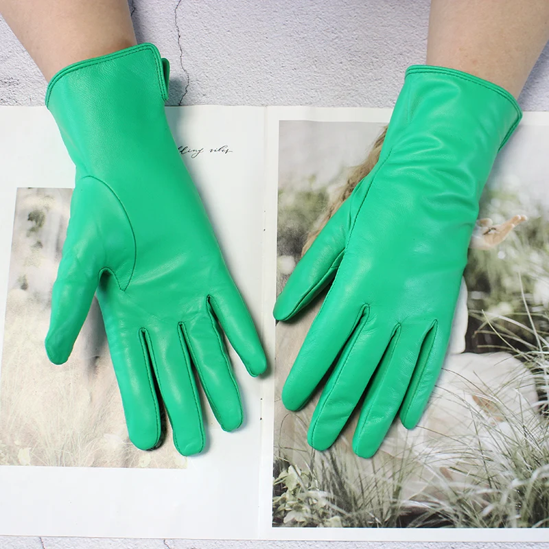 Color Sheepskin Leather Gloves Women's Straight Style Wool Lining Fall/Winter Warm Motorcycle Riding Car Driving Finger Gloves