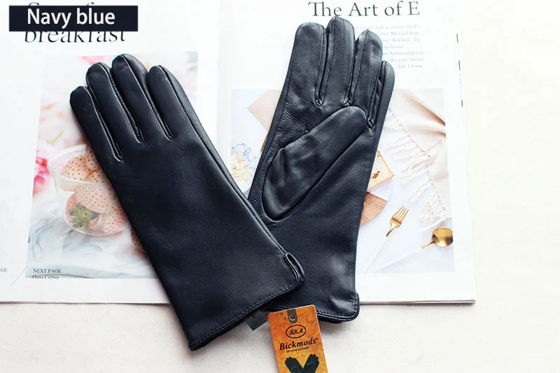 Color Sheepskin Leather Gloves Women's Straight Style Wool Lining Fall/Winter Warm Motorcycle Riding Car Driving Finger Gloves